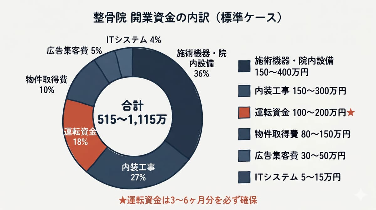 整骨院開業資金の費目別内訳ドーナツ図